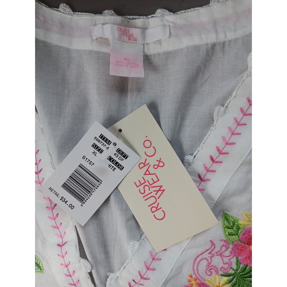 NEW Boho Tunic Mini Dress Womens XL White Cotton Pink Embroidery DEEP V Beachy - Picture 6 of 13
